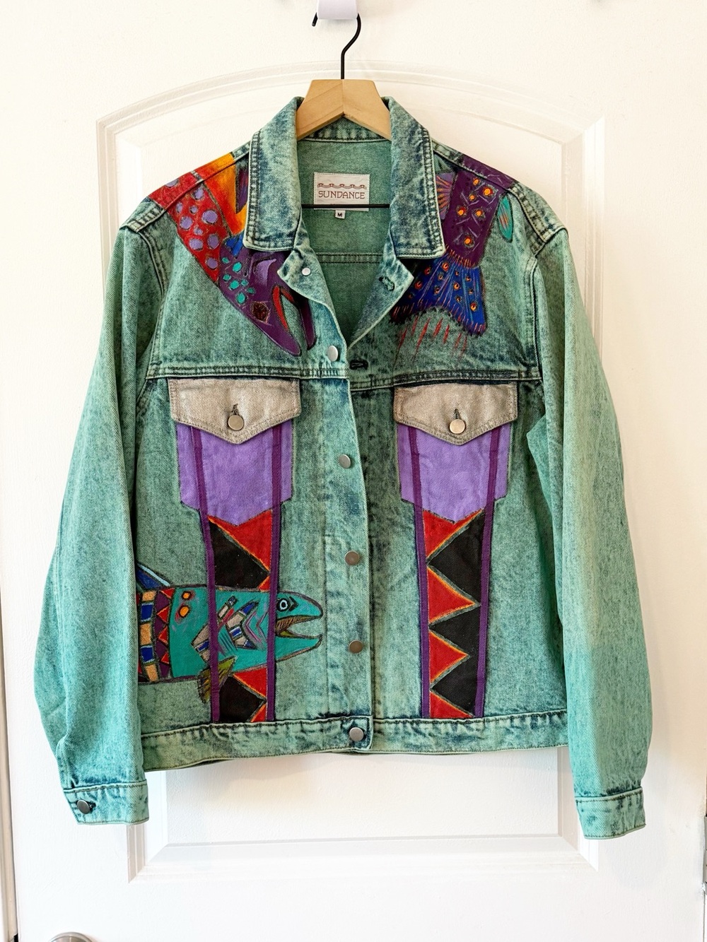 Sundance Vintage Hand Painted Acid Wash Denim Jacket Artsy Aztec